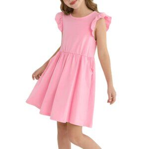 Girls Ruffle Sleeveless A-Line Cute Summer Dress with Pockets - Pink - 7-8 - NEW
